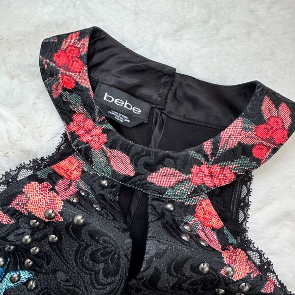Bebe Floral Stud Peplum Halter Top XXS - Black - Picture 2 of 4